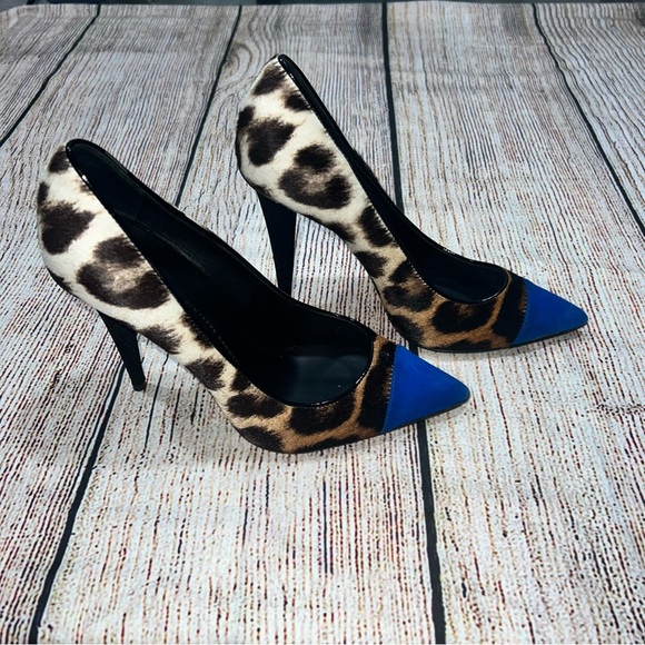 Giuseppe Zanotti Leopard Print with Blue Pointed Toe Pump Sz 37.5 (7.5 US) - Picture 3 of 8